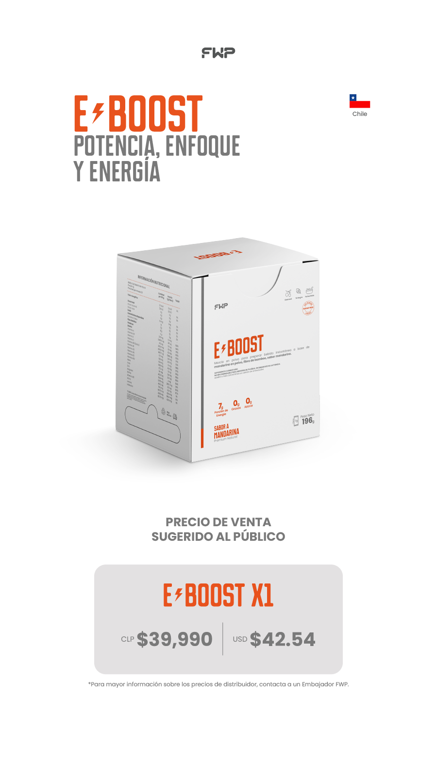 Precio de venta sugerido de E-BOOST en Chile: $39.990 CLP