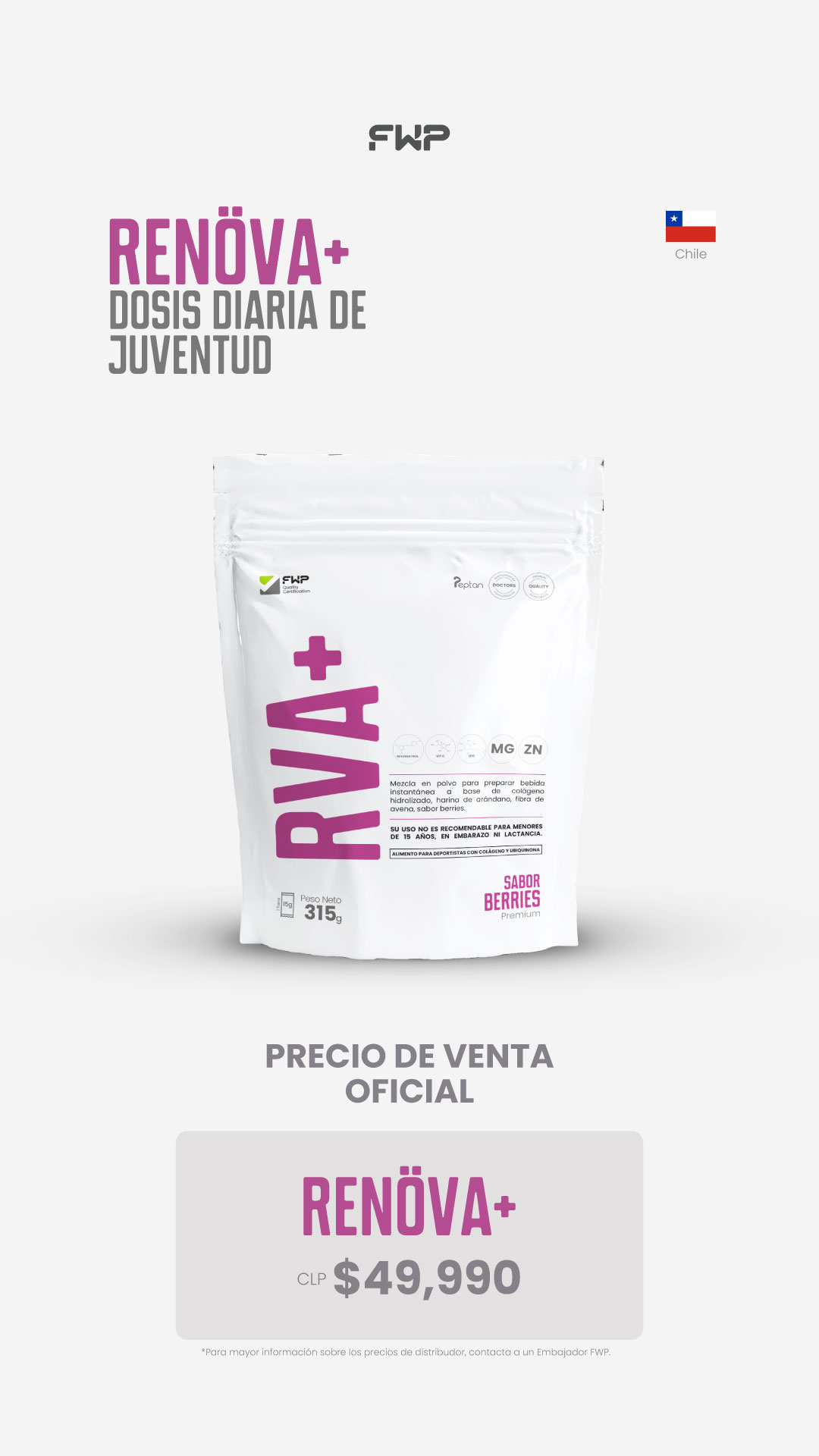 Precio de venta oficial de RENOVA+ en Chile: $49.990 CLP